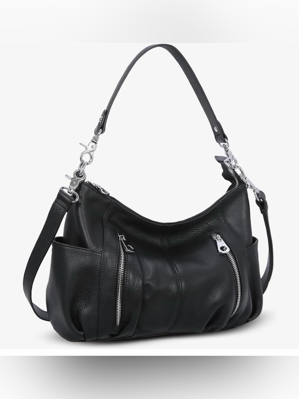 Black Leather Shoulder Bag with Silver Hardware - Elegant Everyday Carry